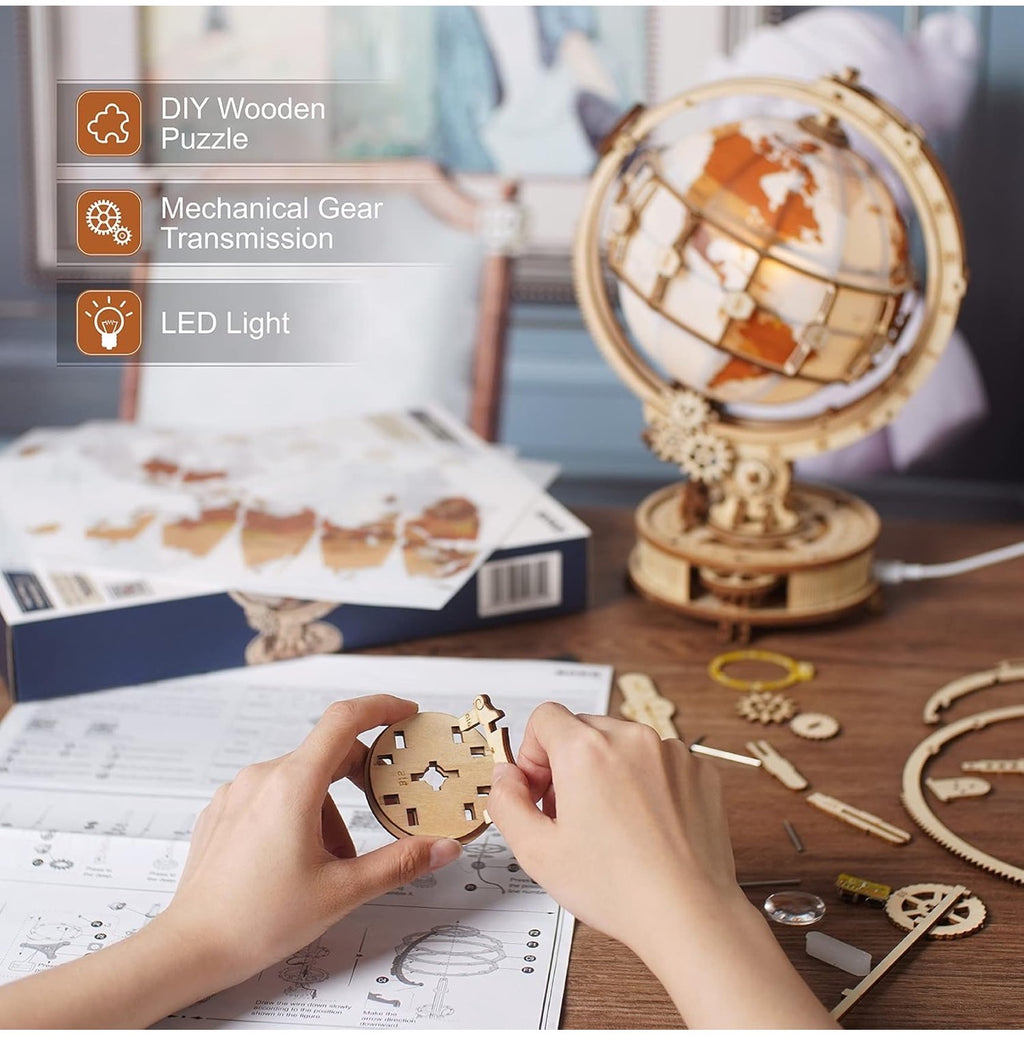 ROBOTIME 3D拼图模型套件，可拼装发光球形夜灯（带USB接口），木制工艺品