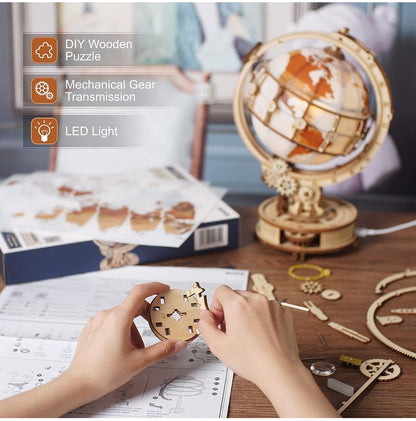 ROBOTIME 3D Puzzle Model Kit Build Luminous Globe Night Light with USB Wood Craft