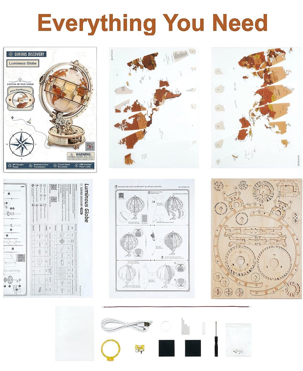 ROBOTIME 3D拼图模型套件，可拼装发光球形夜灯（带USB接口），木制工艺品