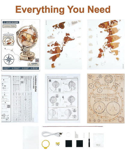 ROBOTIME 3D Puzzle Model Kit Build Luminous Globe Night Light with USB Wood Craft