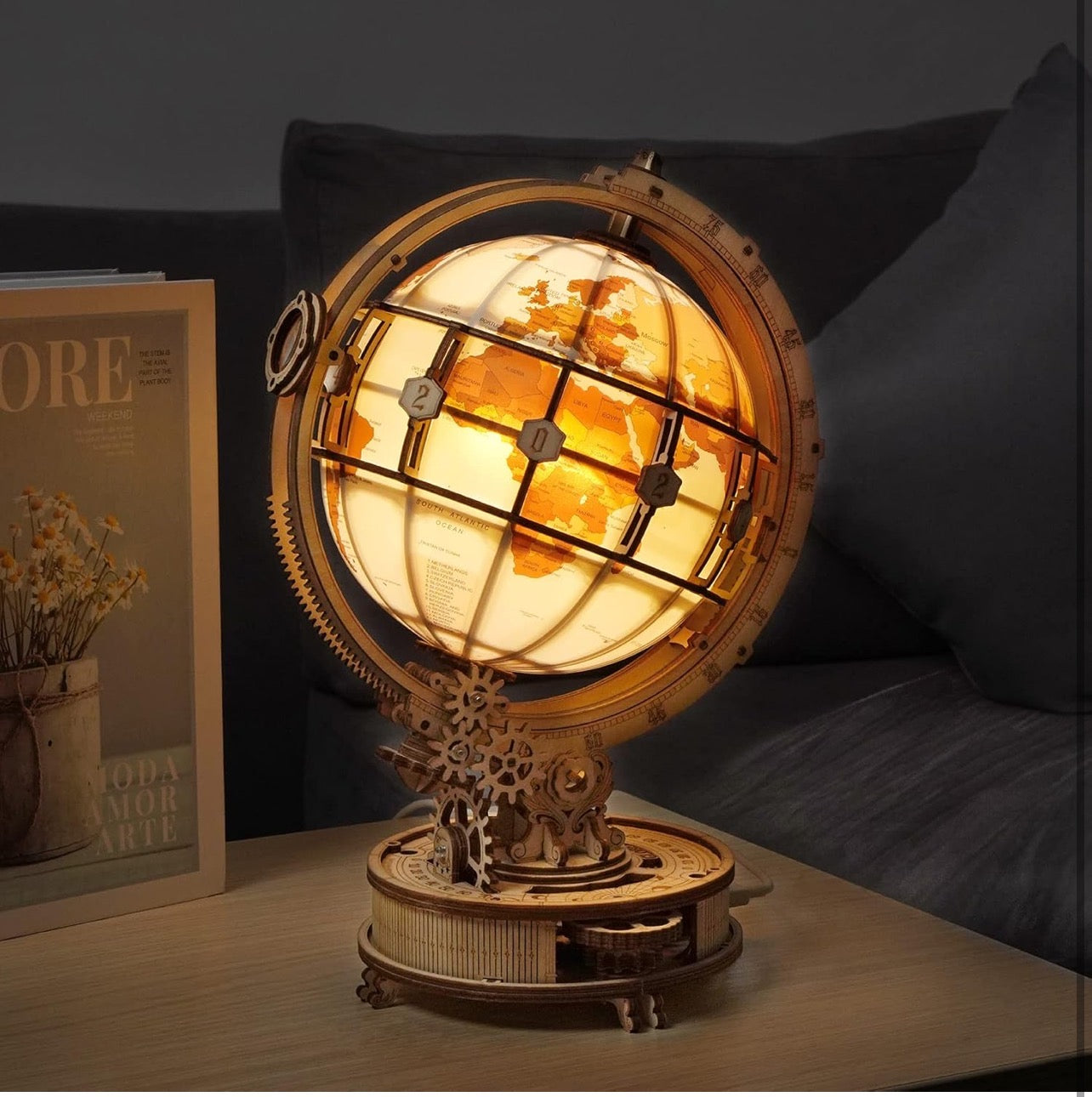 ROBOTIME 3D拼图模型套件，可拼装发光球形夜灯（带USB接口），木制工艺品