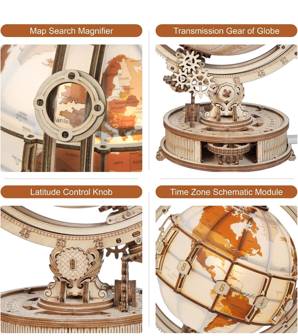 ROBOTIME 3D拼图模型套件，可拼装发光球形夜灯（带USB接口），木制工艺品