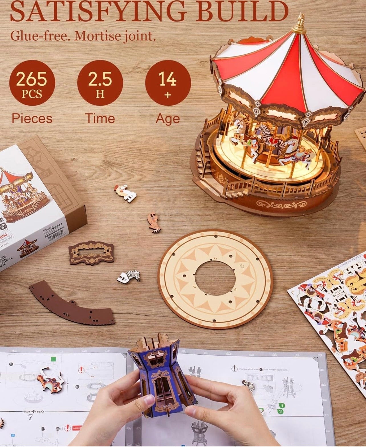 Rolife DIY 3D Wooden Puzzle Classic Carousel Wood Puzzle Music Boxes