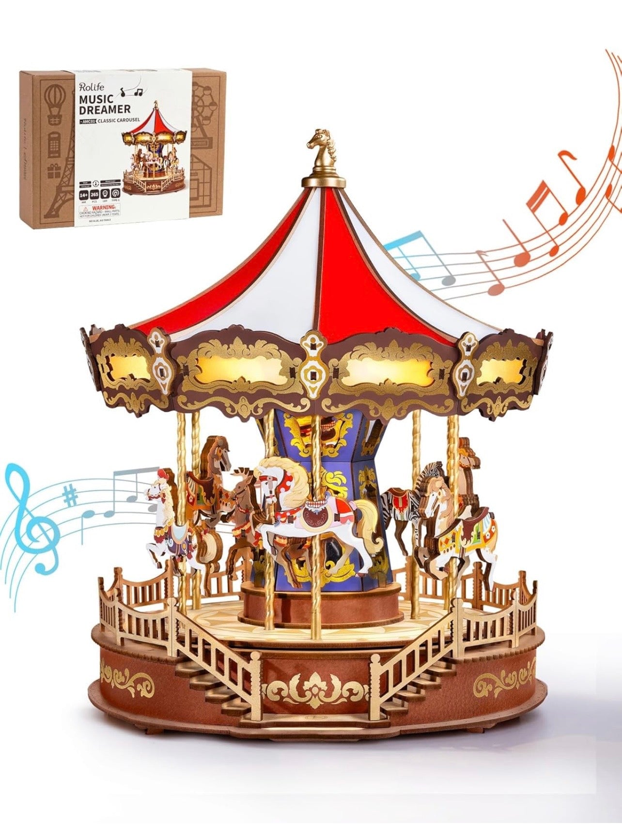 Rolife DIY 3D Wooden Puzzle Classic Carousel Wood Puzzle Music Boxes