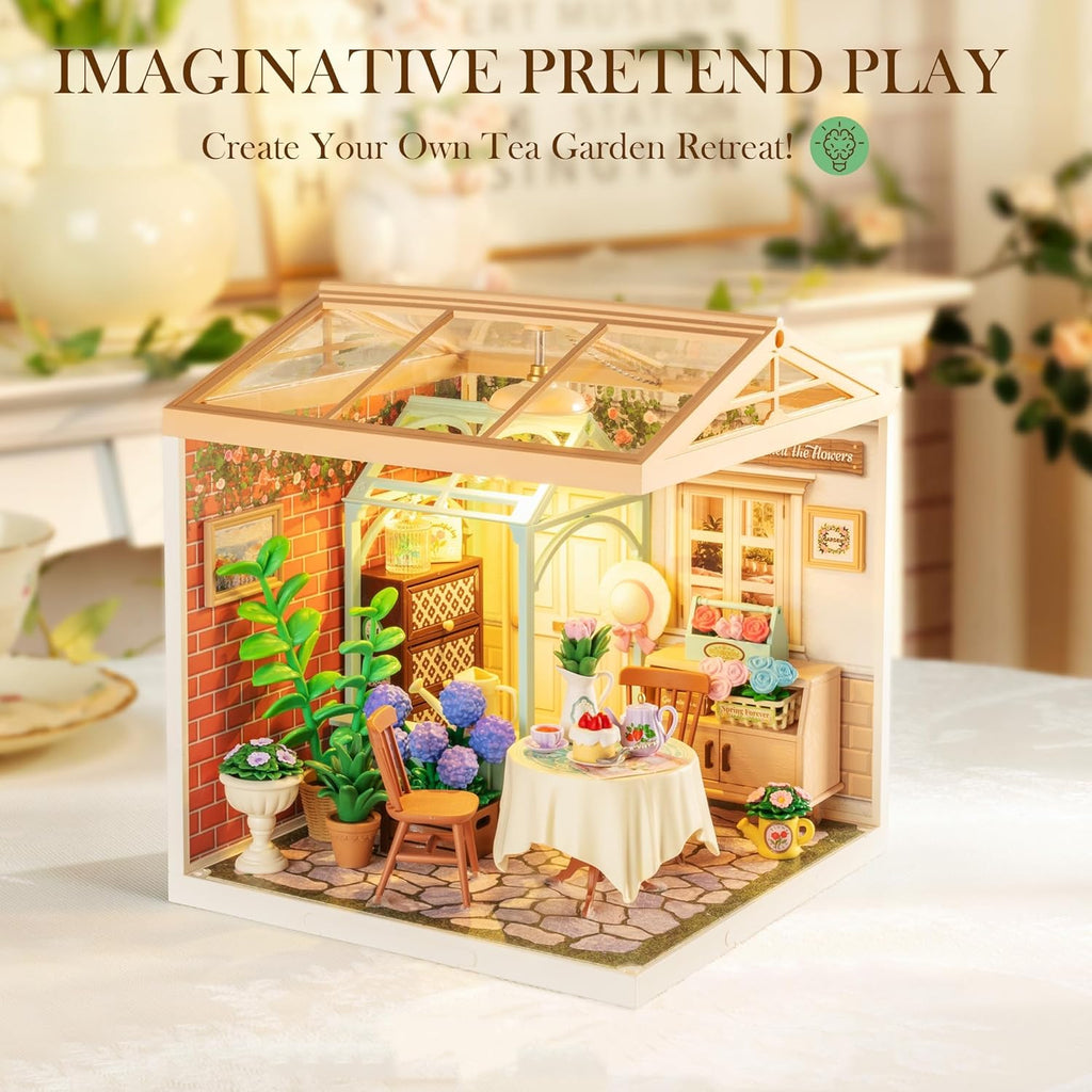 Robotime Super Creator Toy Building Set DIY Miniature House Kit Blooming Tea Garden